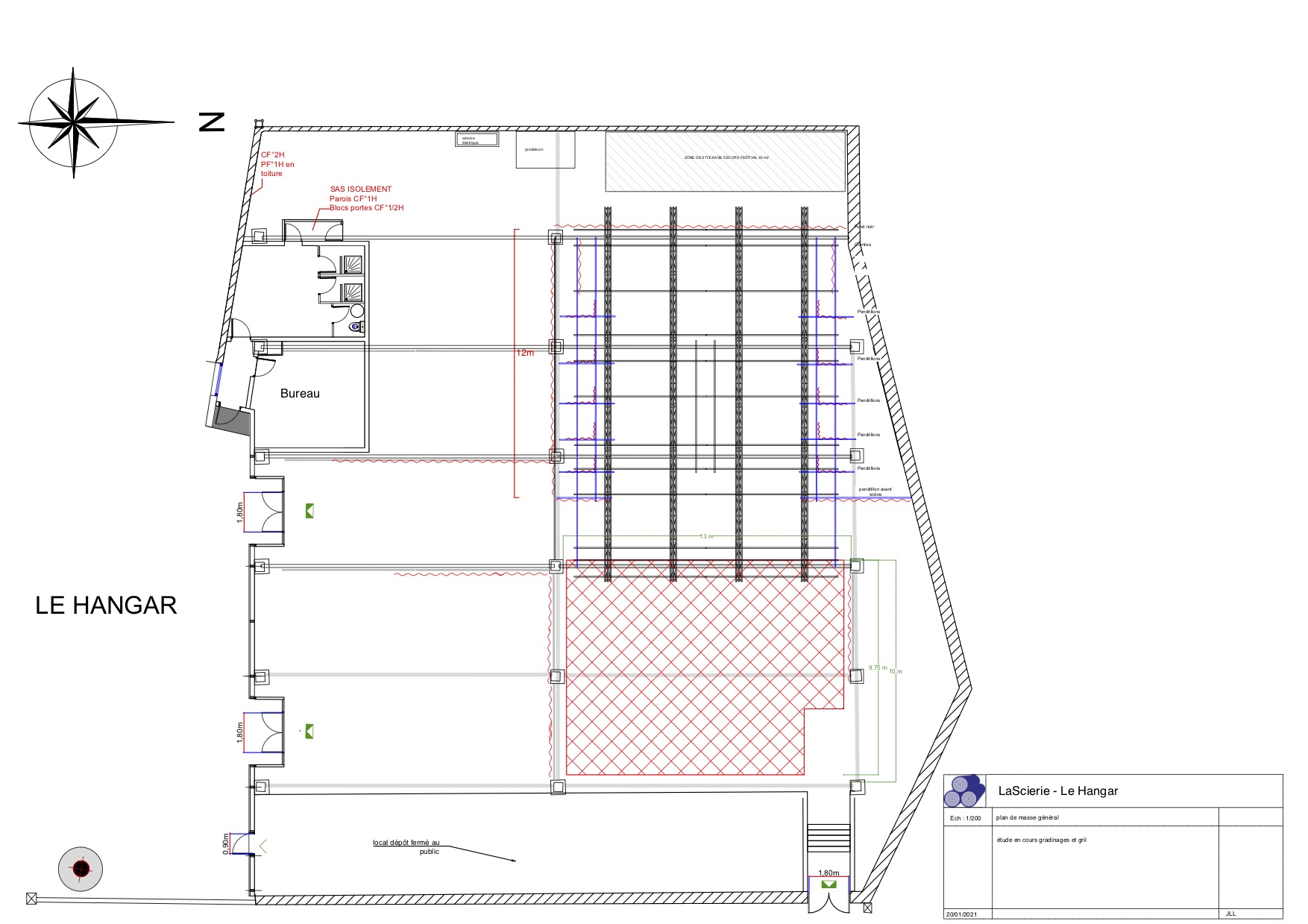 plan du Hangar - scène, gradins, espaces annexes